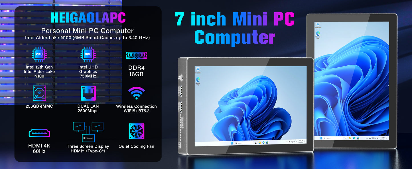 Higole F9B 7-Inch Screen Mini PC with 5000mAh Battery - Intel Celeron N100, 16GB LPDDR4, 512GB ROM, Windows 11 Pro