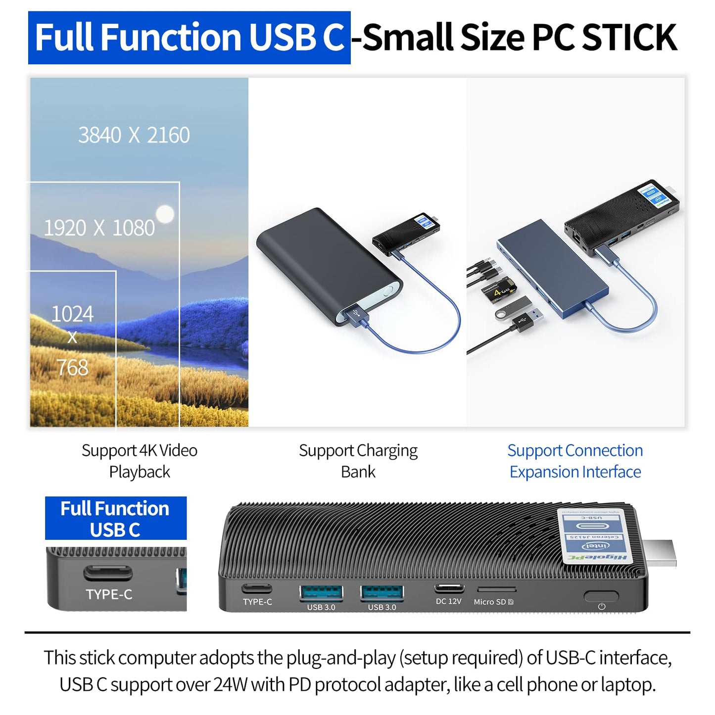 HIGOLE PC Mini PC Stick - Intel Celeron J4125 Windows 11 USB PD3.0 and HDMI 4K Gigabit Ethernet,WiFi 5.0,BT 5.2, Mini Computer on Business Office Media Home