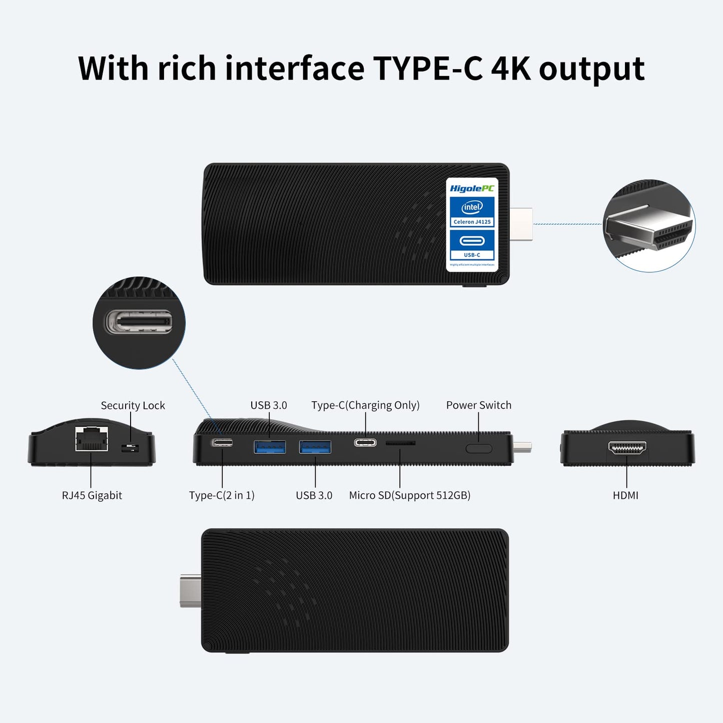 HIGOLE PC Mini PC Stick - Intel Celeron J4125 Windows 11 USB PD3.0 and HDMI 4K Gigabit Ethernet,WiFi 5.0,BT 5.2, Mini Computer on Business Office Media Home